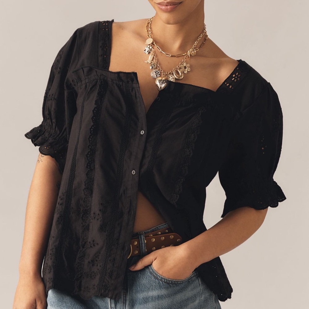Anthropologie Puff Sleeve Eyelet Top